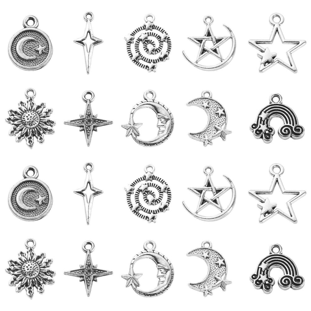 2325 100 Pcs 10 Styles Vintage Rainbow Solar Sun Stars Moon Charms Bulk